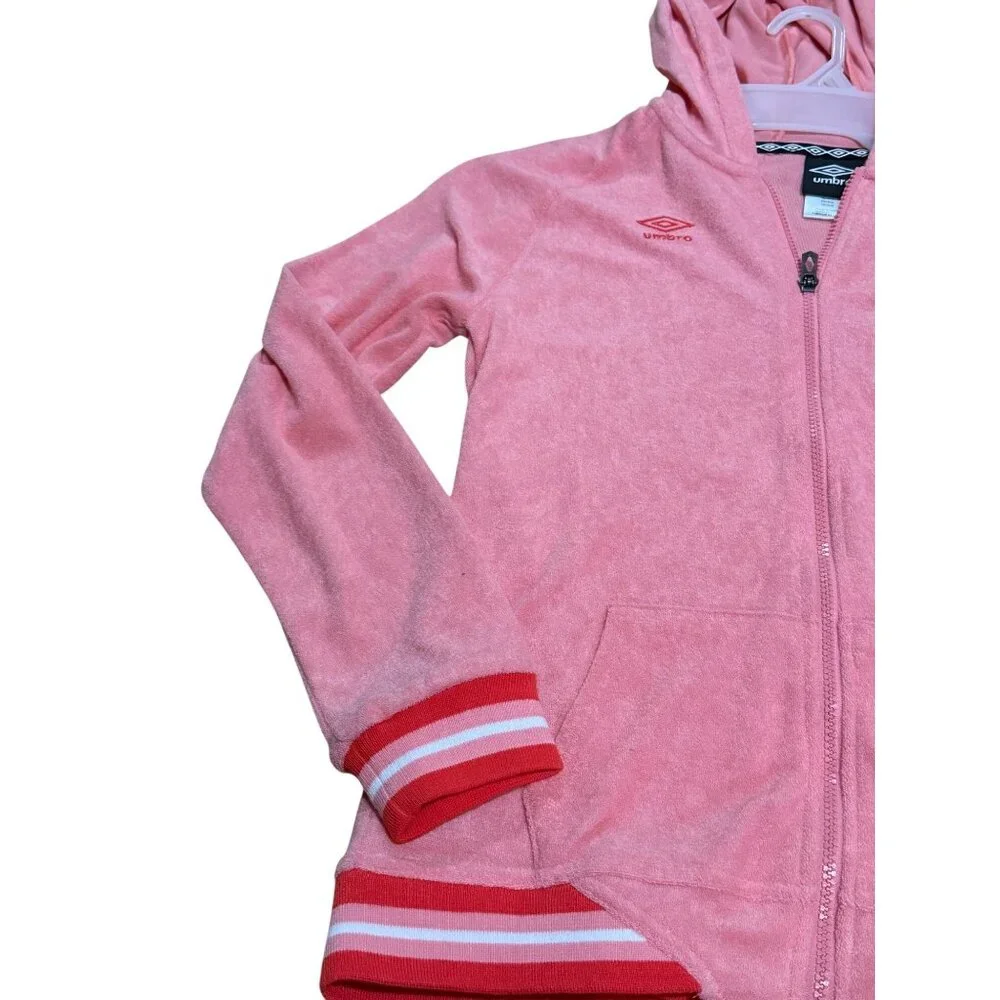 NWT Umbro Girls XL‎ 14/16 Hooded Track Jacket Pink Red Trim Terry Cloth Full Zip